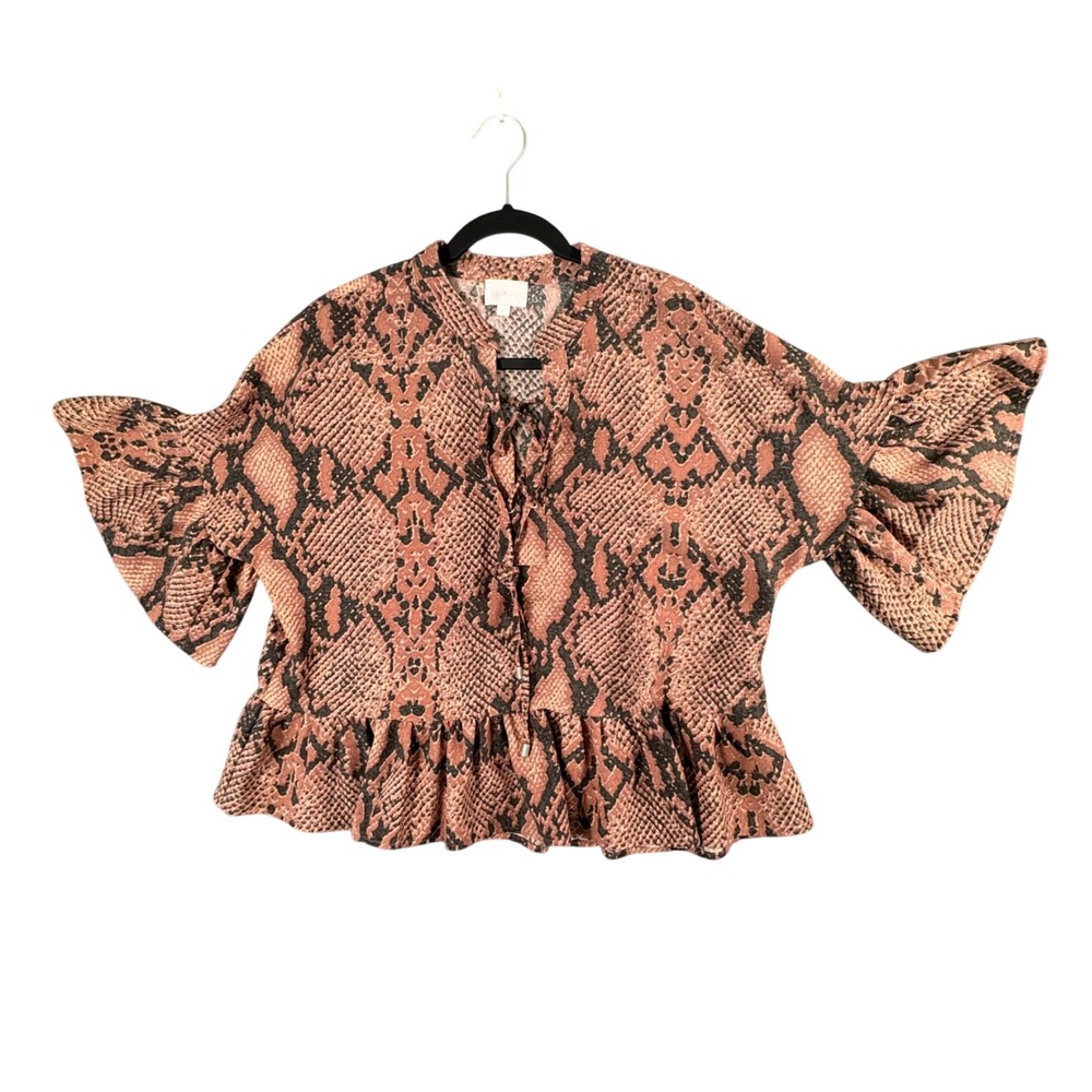Karlie Snake Print Ruffle Peplum Blouse with Flutter Sleeves Size‎ L